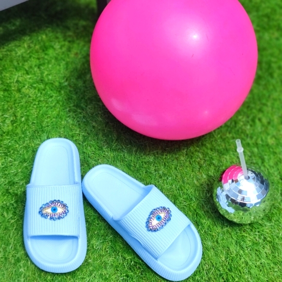 Blue Rhinestone Evil Eye beach slides - Picture 5 of 8